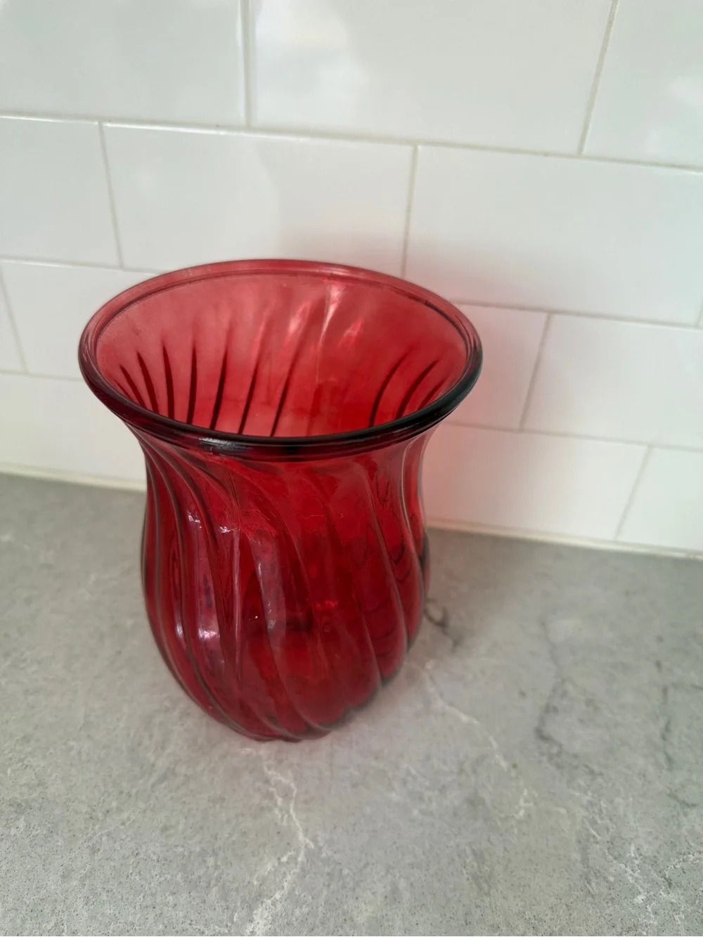 Clear beveled 8” Red Swirled Glass Vase - Decorative Home Accent floral